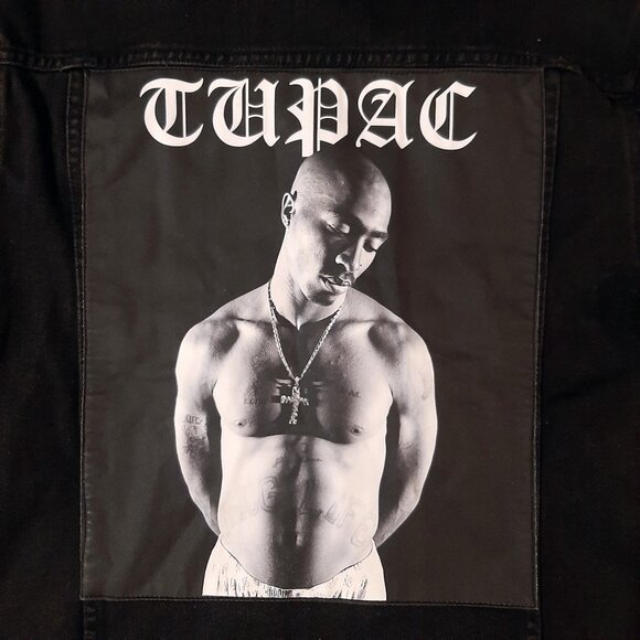 rare Tupac 2pac Thug Life Black Denim Jean Jacket Sz Small Men to Medium Unisex - Picture 2 of 9